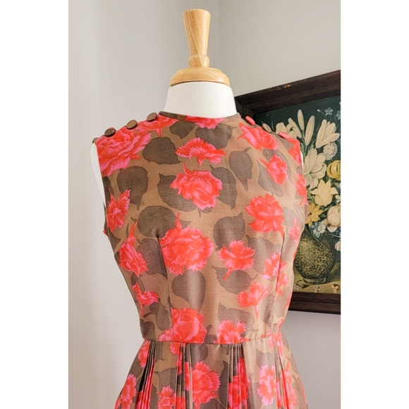 1950s Sleeveless Floral Boat Neck 50s Vintage Pleated Brown Red Pink Midi Dress - Picture 9 of 15